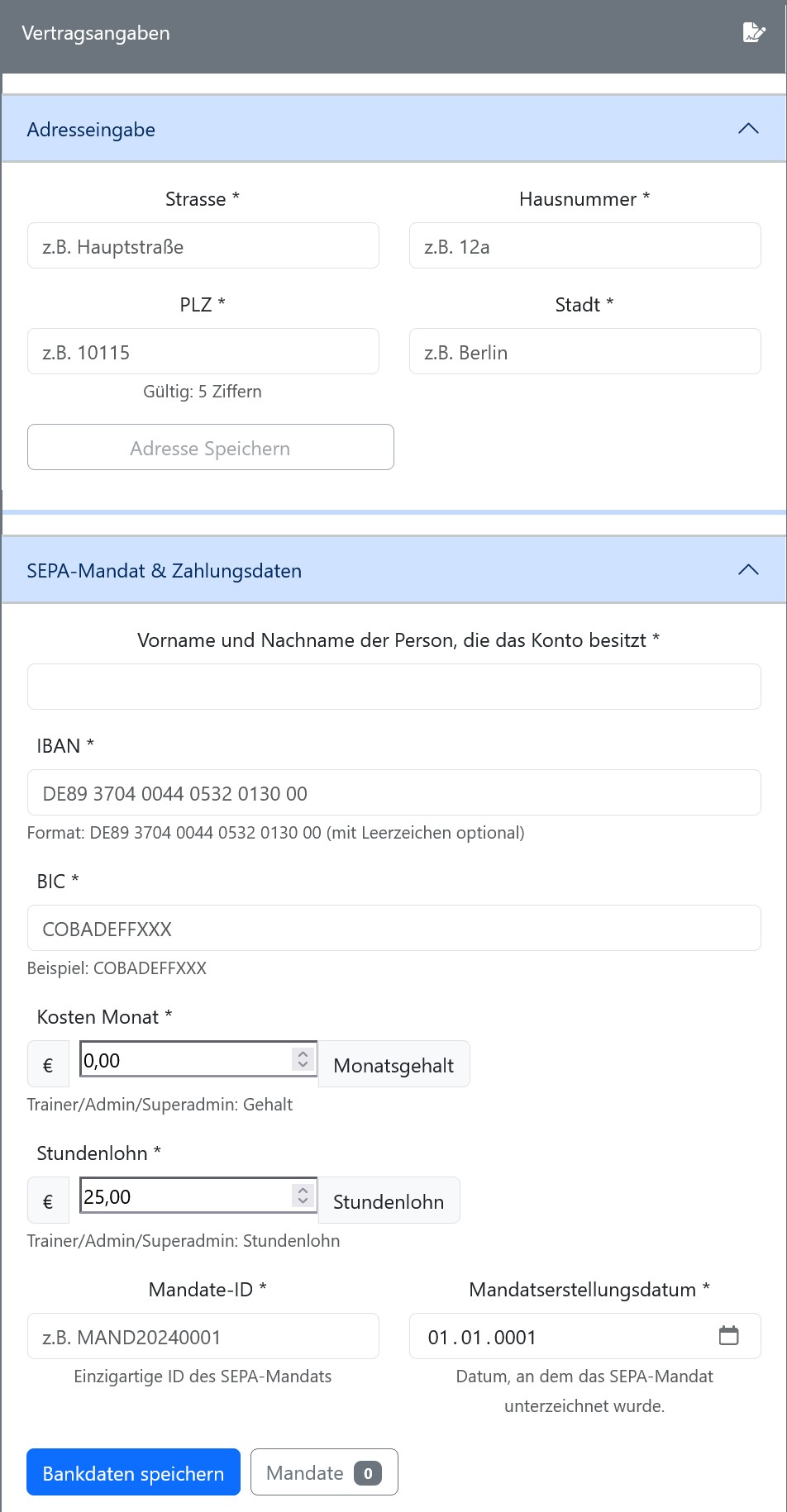Vertrags- und Zahlungsdaten für die Abrechnung einrichten